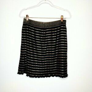 Esqualo Skirt Women Size 6 Black Gold Stripe Metallic Pleated Elastic Waist
